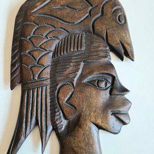 African Wooden Hand Carved Man Head with Fish.